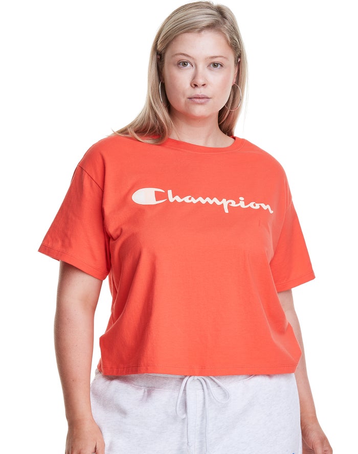 Champion Dame T-Shirts Orange - Plus Cropped Script C Logo - Danmark CUB-140358